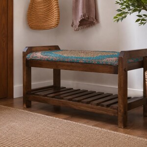 Teal Coral Sunburst Shoe Rack Bench | Narrow Entryway Shoe Storage | Boho Turkish Handmade image 3