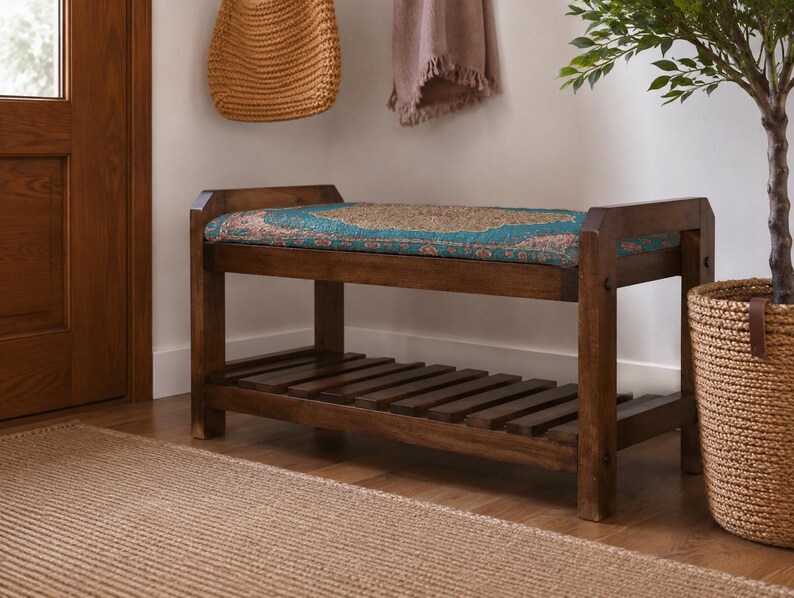 Teal Coral Sunburst Shoe Rack Bench | Narrow Entryway Shoe Storage | Boho Turkish Handmade image 3