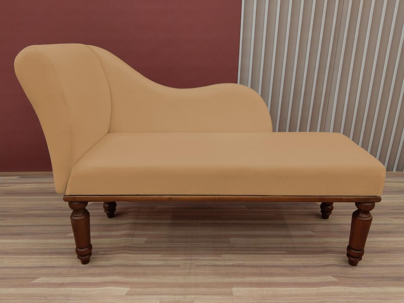 Banquette couch, Caramel chaise lounge, Strong long bench, Sustainable seating, Soft textured chaise, Cozy bedroom decor, Trendy furniture