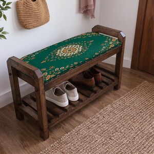 Forest Green Garden Medallion Shoe Rack Bench | Narrow Entryway Shoe Storage | Boho Turkish Handmade image 10
