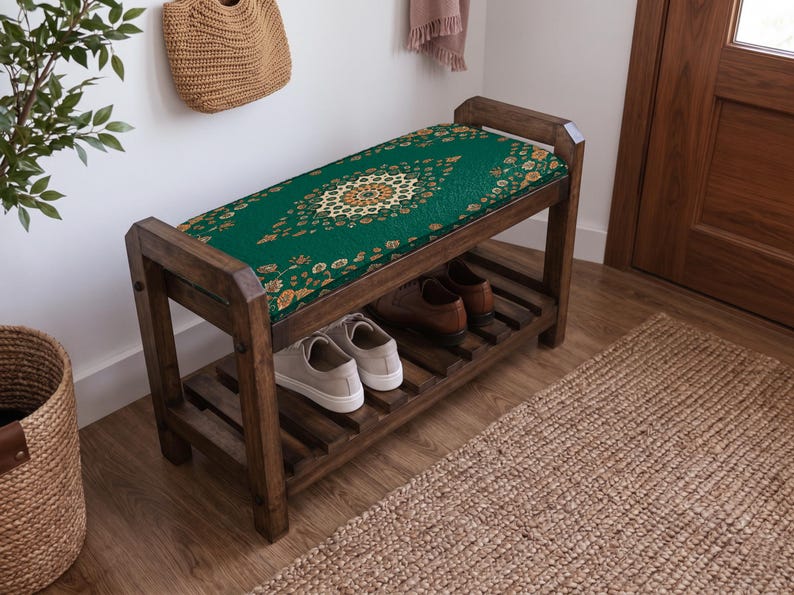 Forest Green Garden Medallion Shoe Rack Bench | Narrow Entryway Shoe Storage | Boho Turkish Handmade image 10