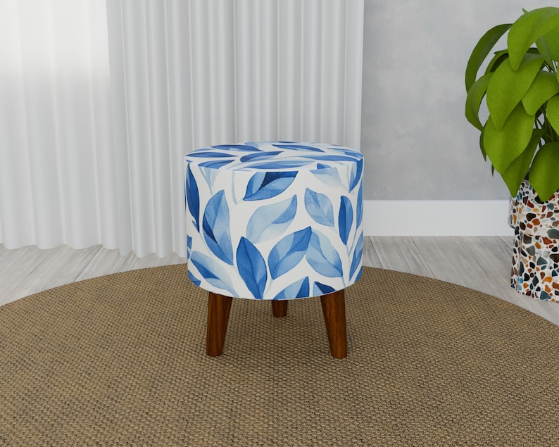 Leaf pattern bench, Blue white pouf, Heartwarming gift, Round footstool, Livingroom furniture, Entryway shoe bench, Round mid table, RS 207