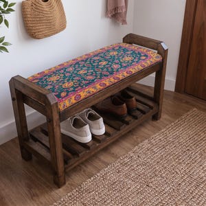 Blågrön Boteh Paisley skohylla bänk | Skoförvaringsskåp för hall | Boho turkisk handgjord bild 10
