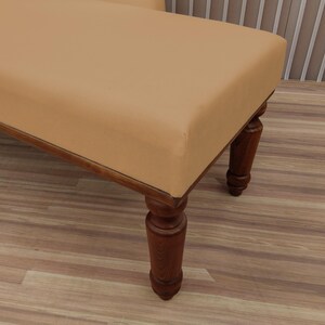 Banquette couch, Caramel chaise lounge, Strong long bench, Sustainable seating, Soft textured chaise, Cozy bedroom decor, Trendy furniture