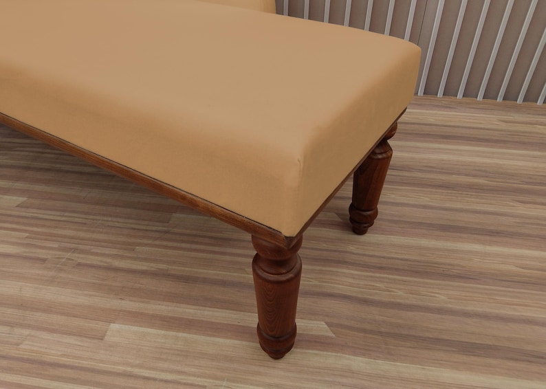 Banquette couch, Caramel chaise lounge, Strong long bench, Sustainable seating, Soft textured chaise, Cozy bedroom decor, Trendy furniture