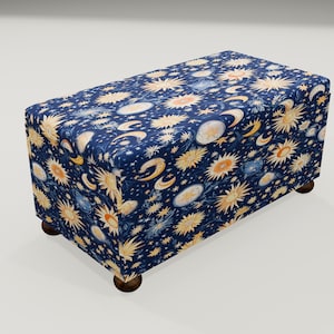 Celestial Sun Moon Storage Ottoman | Navy Fabric Bedroom Seating Chest, RS 224