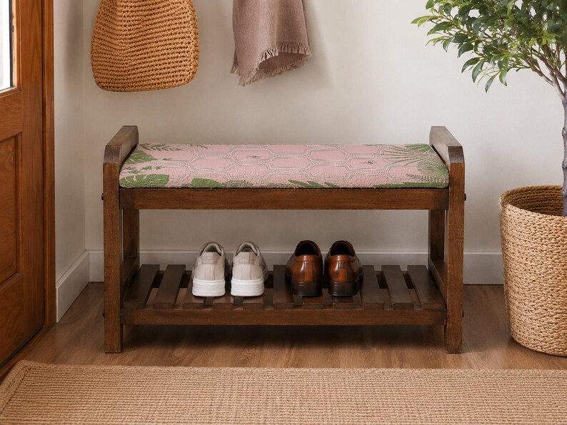 Blush Aztec Zigzag Shoe Rack Bench | Narrow Entryway Shoe Storage | Boho Turkish Handmade image 4