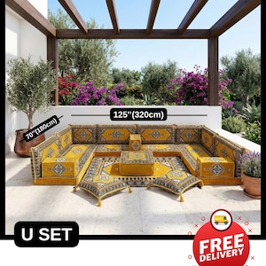 May include: A U-shaped outdoor seating set in yellow with intricate patterns. The set includes a large sofa, cushions, and a central table, all with matching designs. The set measures 125 inches (320cm) wide and 70 inches (180cm) deep.