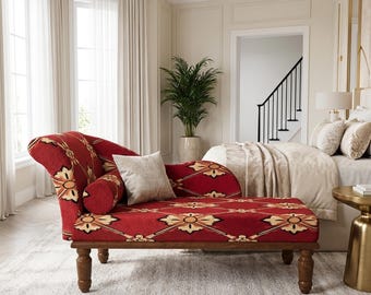 Classic Red Trellis Pattern Daybed | Elegant Bedroom Settee, RS 125