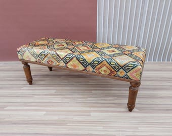 Geometric Design Bench, Colorful Ottoman Bench, Upholstered Bench, Vintage Style Bench, End of Table Bench, Accent Footstool, RSB 663-00