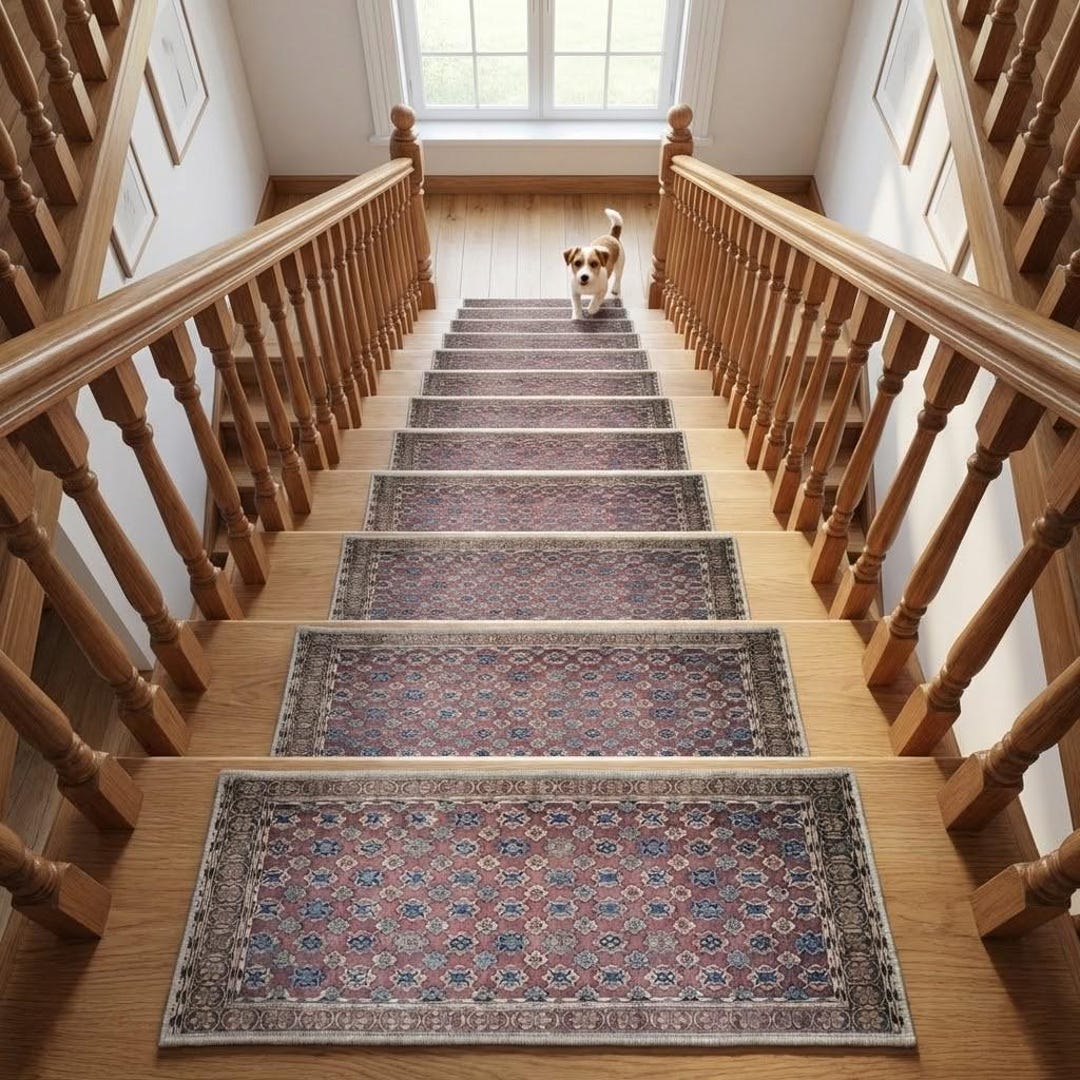 Rust Stairs Rust Ethnic Stair Tread, Geometric Step Pad, Secure Floor Decor, RS 537 ...