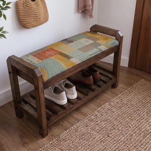 Cream Tribal Print Shoe Rack Bench | Living Room Storage Bench | Boho Turkish Handmade image 10