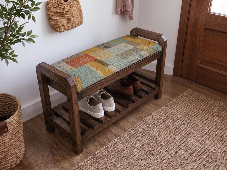 Cream Tribal Print Shoe Rack Bench | Living Room Storage Bench | Boho Turkish Handmade image 10