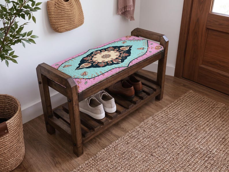 Banco zapatero estilo bohemio con roseta color turquesa / Almacenamiento de zapatos para entrada estrecha / Hecho a mano en Turquía estilo bohemio imagen 10