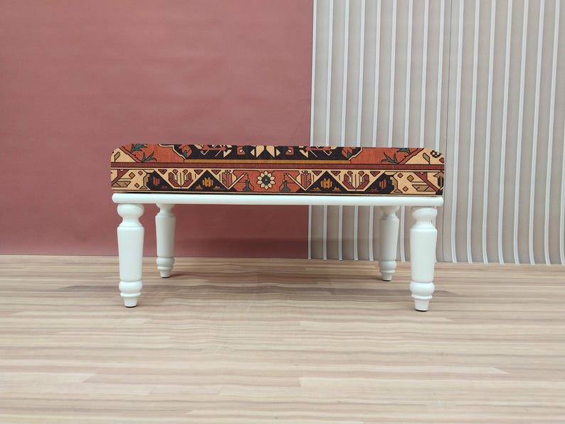 Coral red bench, Vintage design pouf, Entryway shoe bench, Small rustic bench, Mudroom decor, Gift for grandma, Bedroom pouf, RSB 279