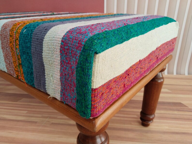 Colorful Kilim Bench | Handwoven Vintage Rug Ottoman | Eclectic Entryway Seating image 8