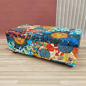 Vibrant Mosaic Pattern Storage Bench | Fabric Ottoman Seating Chest, RS 107