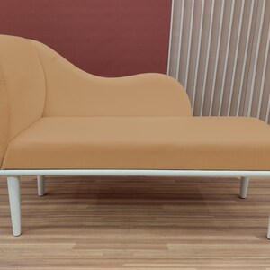 Banquette couch, Caramel chaise lounge, Strong long bench, Sustainable seating, Soft textured chaise, Cozy bedroom decor, Trendy furniture
