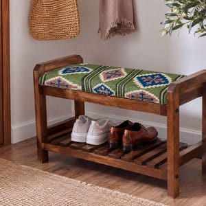 Sage Kilim Diamond Folk Shoe Storage Cabinet | Modern Entryway Bench