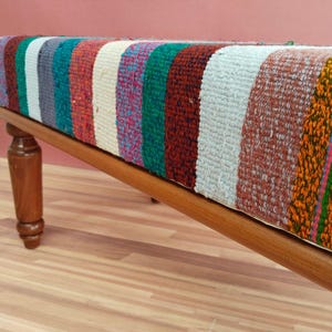 Colorful Kilim Bench | Handwoven Vintage Rug Ottoman | Eclectic Entryway Seating image 9