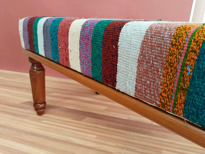 Colorful Kilim Bench | Handwoven Vintage Rug Ottoman | Eclectic Entryway Seating image 9