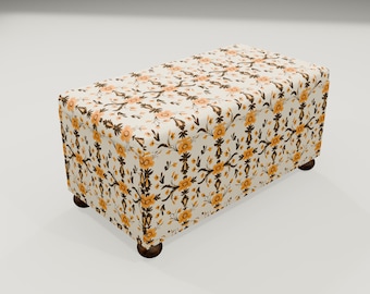 Orange Brown Floral Storage Bench | Fabric Ottoman Bed Blanket Box, RS 236