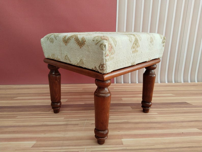 Ivory Geometric Motif Square Bench | Boho Entryway Shoe Ottoman Pouf image 8