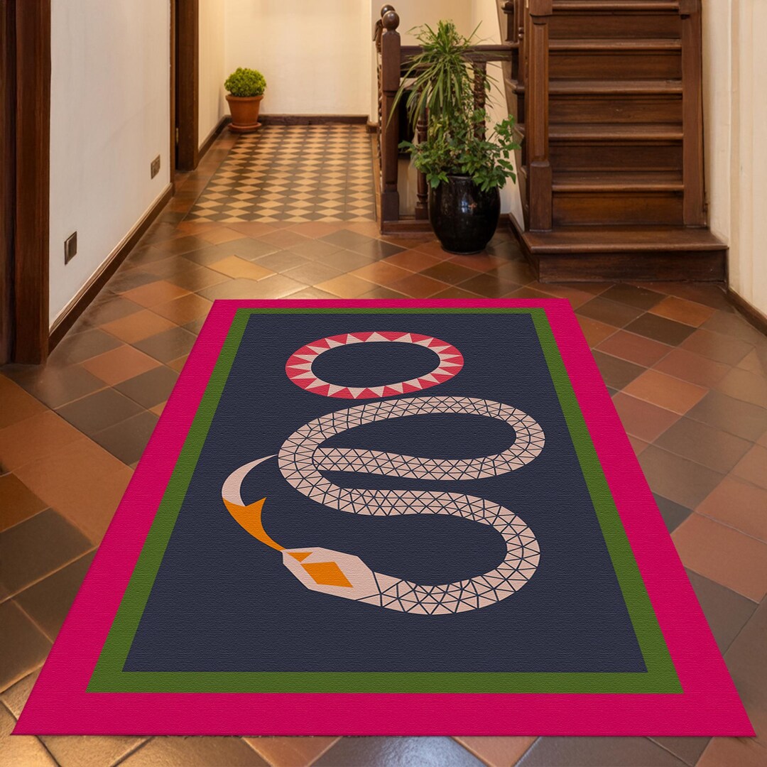 Skunk Rug Snake Pattern Rug, Bold Pink Navy Carpet, Graphic Animal Decor ...