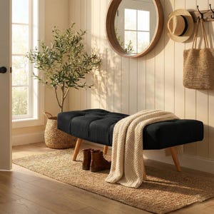 Gothic bench, Pure black stool, Luxury furniture, Elegant saloon decor, Decorative ebnch, Entryway organizer, Cool pouf, RS curved fabric 25