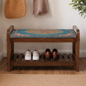Teal Coral Sunburst Shoe Rack Bench | Narrow Entryway Shoe Storage | Boho Turkish Handmade image 4