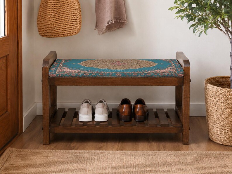 Teal Coral Sunburst Shoe Rack Bench | Narrow Entryway Shoe Storage | Boho Turkish Handmade image 4