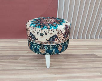 Wildflower pattern pouf, Printed footstool, Round ottoman seat, Coffee table, Bedroom pouf stool, Hand crafted footrest, Doorway pouf, RS 47