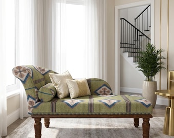 Green Geometric Kilim Chaise Lounge | Office Rustic Plaid Seating Bench, RS 738