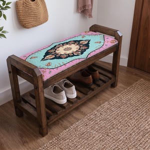 Banco zapatero estilo bohemio con roseta color turquesa / Almacenamiento de zapatos para entrada estrecha / Hecho a mano en Turquía estilo bohemio imagen 2