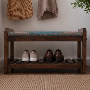 Teal Coral Sunburst Shoe Rack Bench | Narrow Entryway Shoe Storage | Boho Turkish Handmade image 5