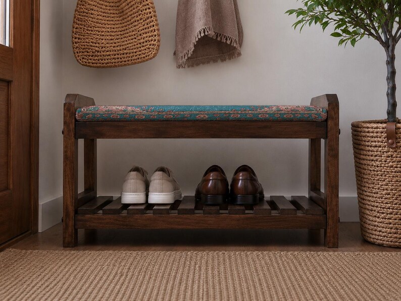 Teal Coral Sunburst Shoe Rack Bench | Narrow Entryway Shoe Storage | Boho Turkish Handmade image 5