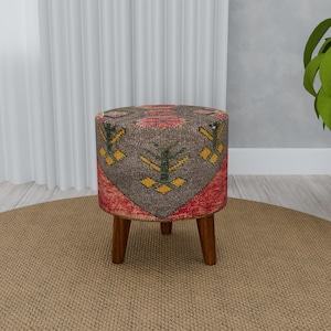 Oriental design pouf, Blush red stool, Ottoman french table, Regular footstool, Classic pouf stool, Make up stool, Round desk seat, RS 876-0