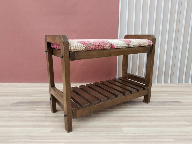 Handmade wooden bench, Kilim upholstered shoe organizer, Rustic storage ottoman, Entryway step stool, Mudroom shoe rack, RS Stepstool 59