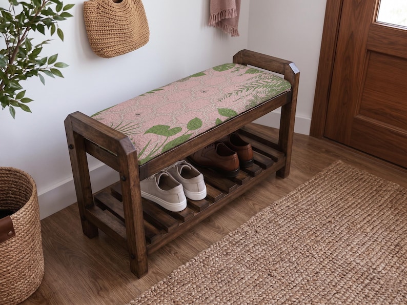 Blush Aztec Zigzag Shoe Rack Bench | Narrow Entryway Shoe Storage | Boho Turkish Handmade image 2