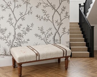 Ivory Vintage Rug Bench | Brown Stripe Hallway Seat | Handwoven Rustic Ottoman