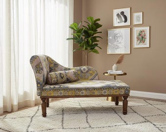 Chaise longue desmayada, Sofá hecho a mano, Sofá tapizado para descansar, Sofá de madera, Sofá para pie de cama, Sofá con brazos enrollados, Sofá relajante