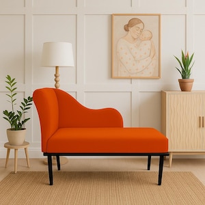 Modern bedroom decor, Burnt orange lounge, Relaxing sofa, Fainting chaise lounge, Soft cushioned bench, Bench with backrest, Loveseat lounge