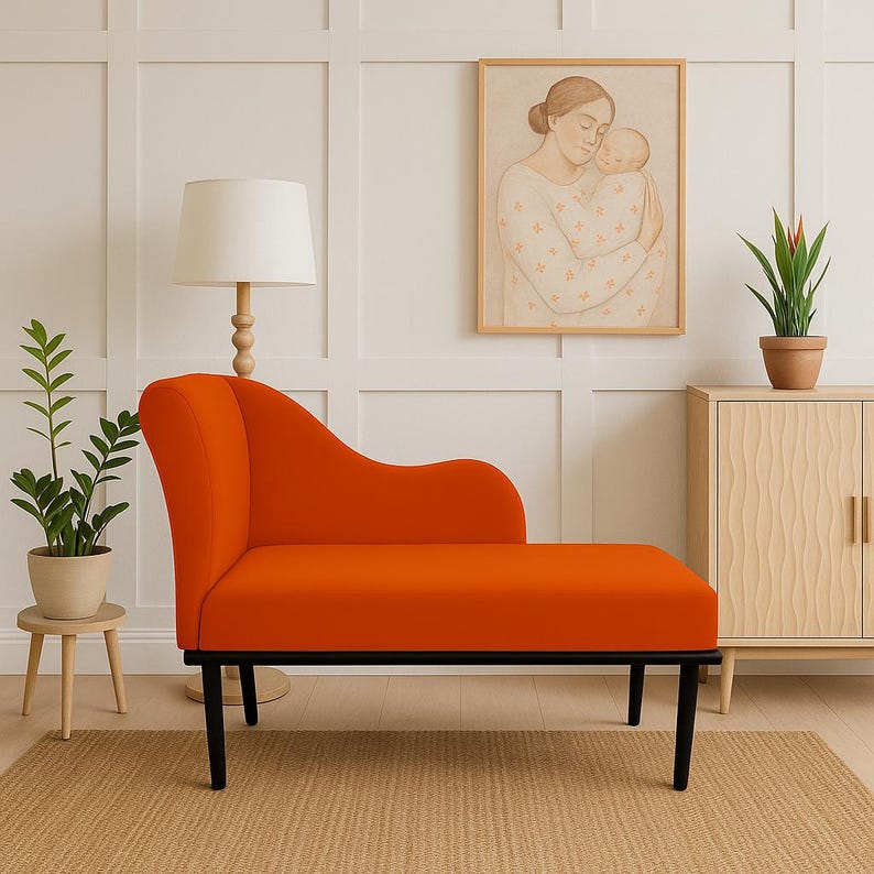 Modern bedroom decor, Burnt orange lounge, Relaxing sofa, Fainting chaise lounge, Soft cushioned bench, Bench with backrest, Loveseat lounge