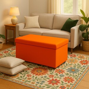 Living room bench, Cozy home furniture, Rust orange storage, Farmhouse entry bench, Handcrafted bench, Mudroom wood bench, RS fabric 34