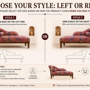 The image is a comparison of two different styles of couches, with instructions on how to choose the right style based on the product's appearance.