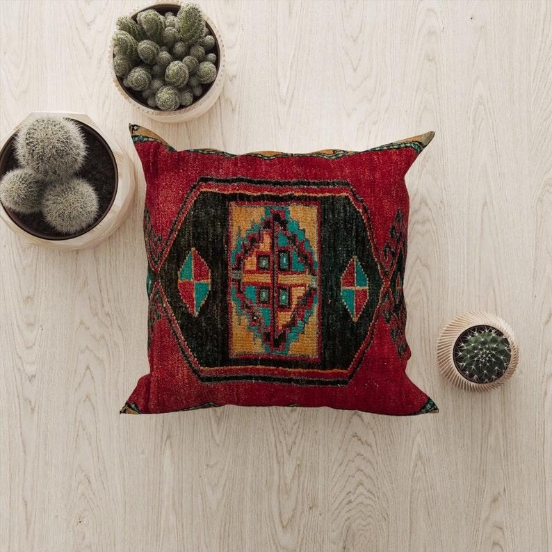 oushak pillow cover, tribal pillow, primitive pillow, printed on fabric, anatolian pillow, red cushion, kilim pattern pillow, RS 959-0