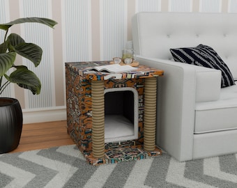 Playful cat decor, Bright pet decor, Chic furniture, Modern home design, Colorful cat bed, Artistic pet furniture, Indoor pet house
