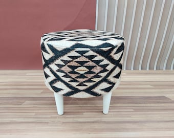 Luxury round stool, Modern piano seat, Dressing chair, Wood work bench, Vanity pouf stool, Textured upholstery, Ottoman mid table, RS 43