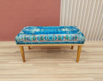 Light blue rug bench, Ottoman foot stool, Beach house bench, Upholstered ottoman, End table bench, Living room bench, Vanity chair, RSB 101