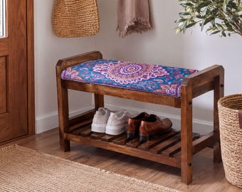 Teal Ornate Mandala Shoe Cabinet Bench | Closet Storage Organizer